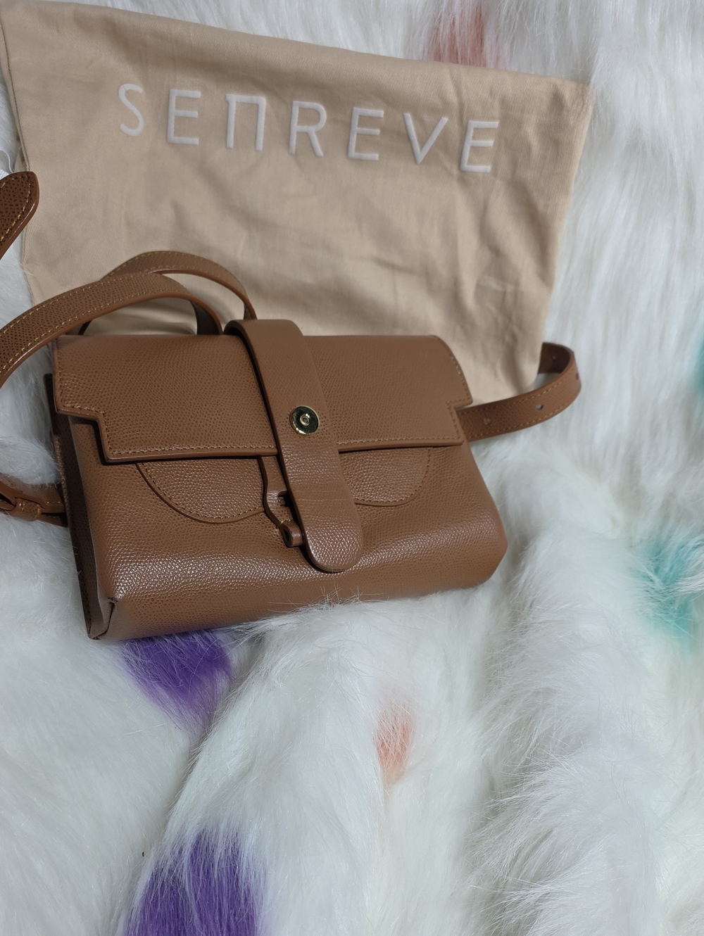 Senreve Caramel Leather Crossbody/ Belt Bag with Front Closure